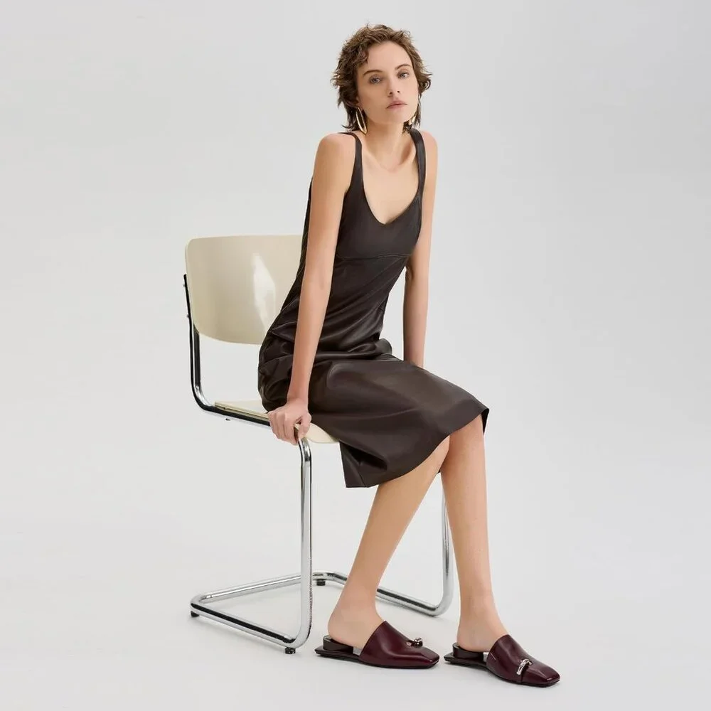 Beige Square Toe Mule Sandals Women Slip On Low Kitten Heels Faux Leather Heels - Picture 7 of 7